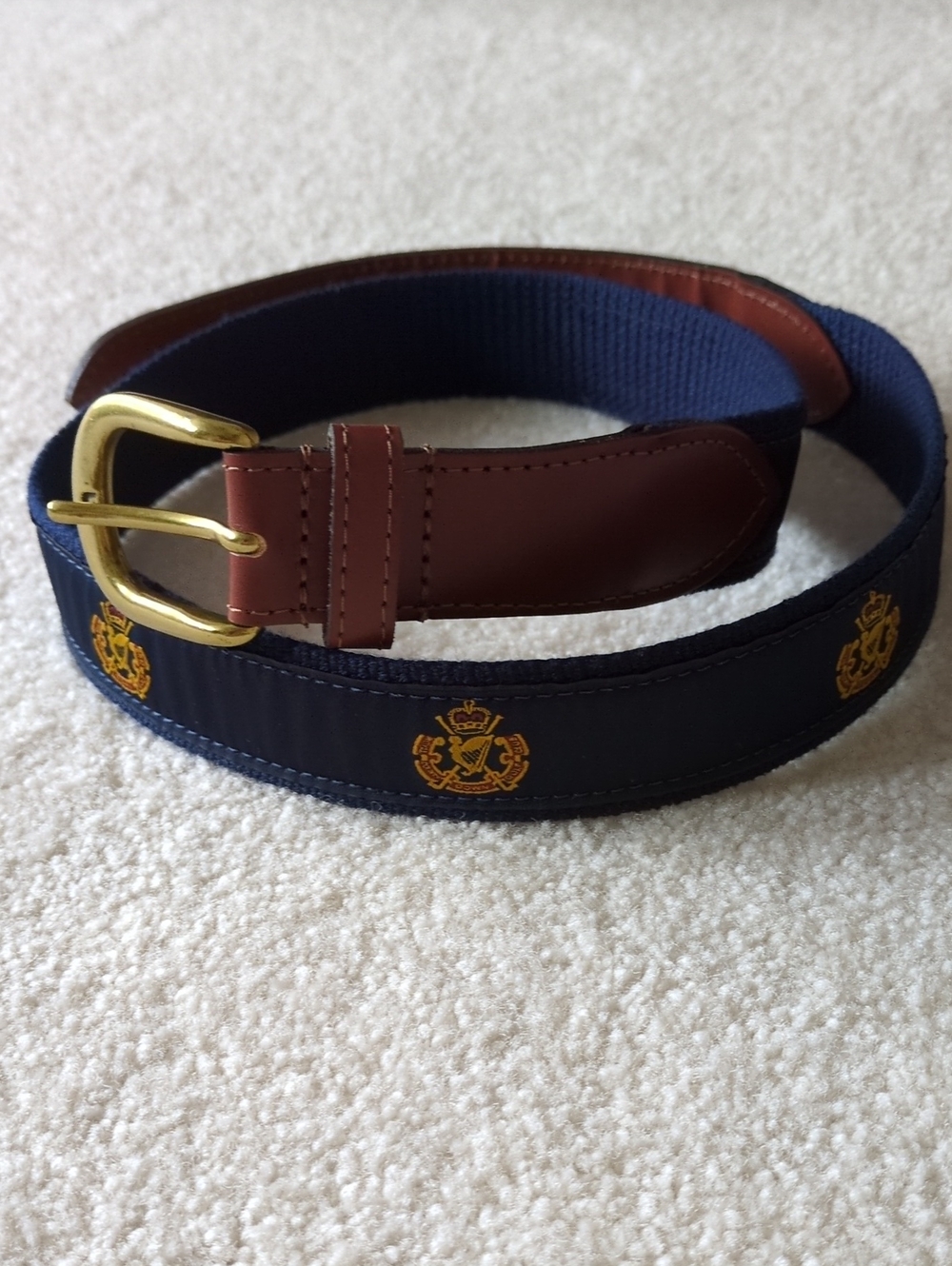 SEEJAYS Belt 34 Golf Full Grain Leather Brass Navy Gold Crest Crown Harp Club